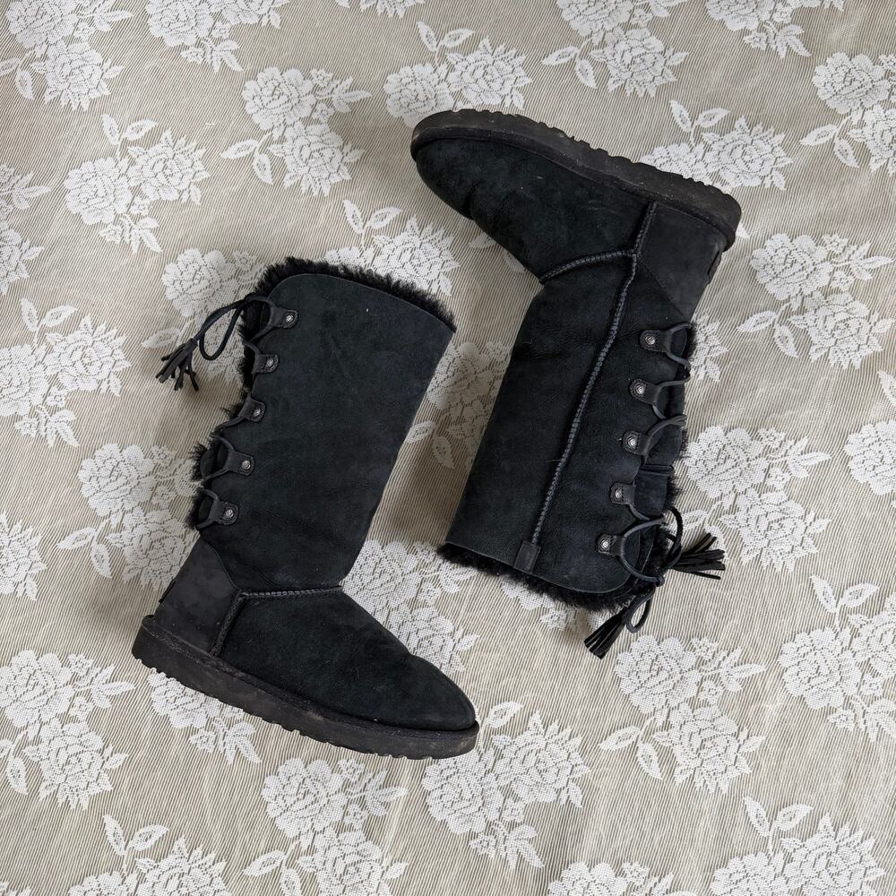 UGG Black Shearling Lace-Up Tall Boots Size 8
